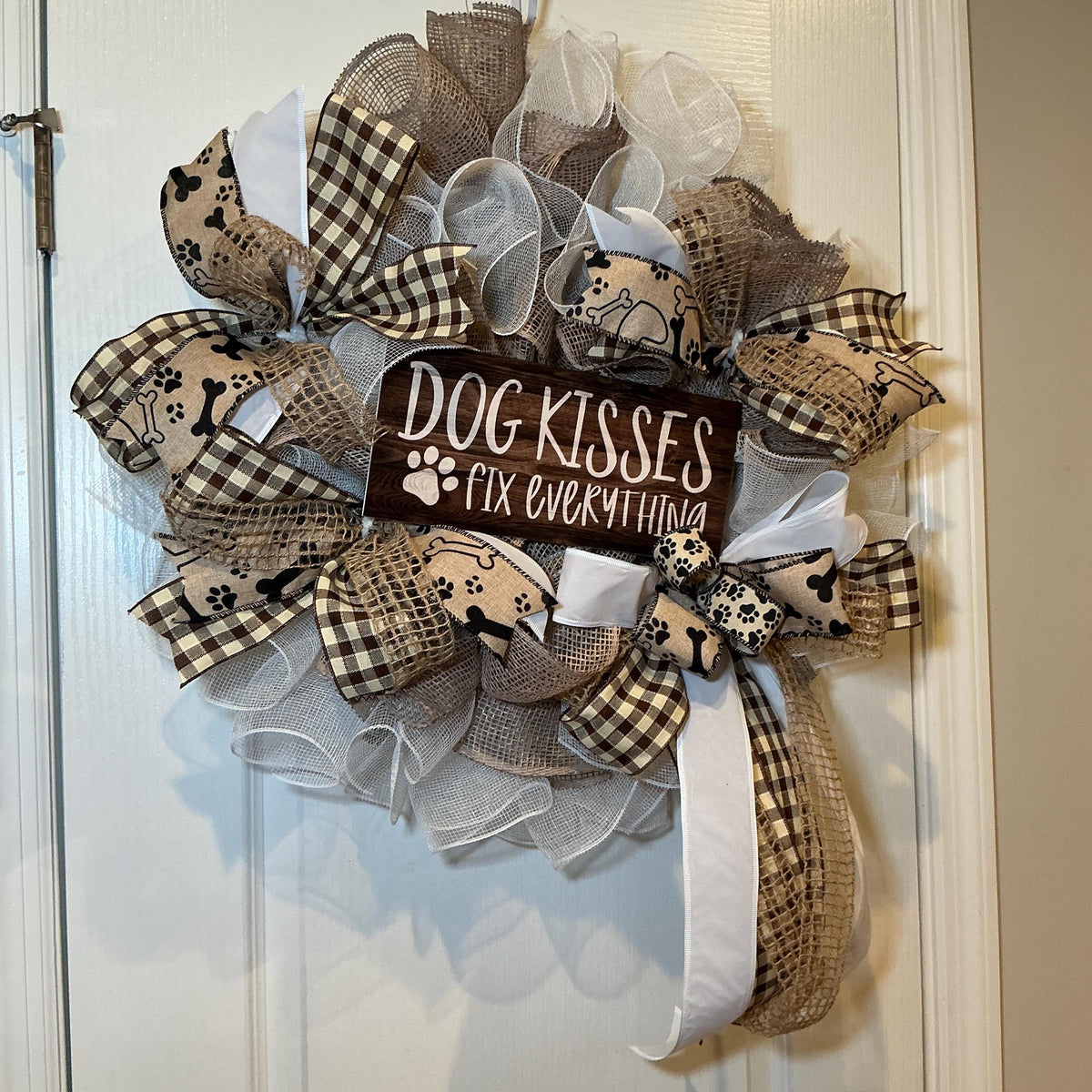 Dog Mom Wreath, Dog Kisses Fix Everything Sign, Paw Print Buffalo Check, Farmhouse Door Decor, Dog Lover Gift, All Seasons — photo 5 