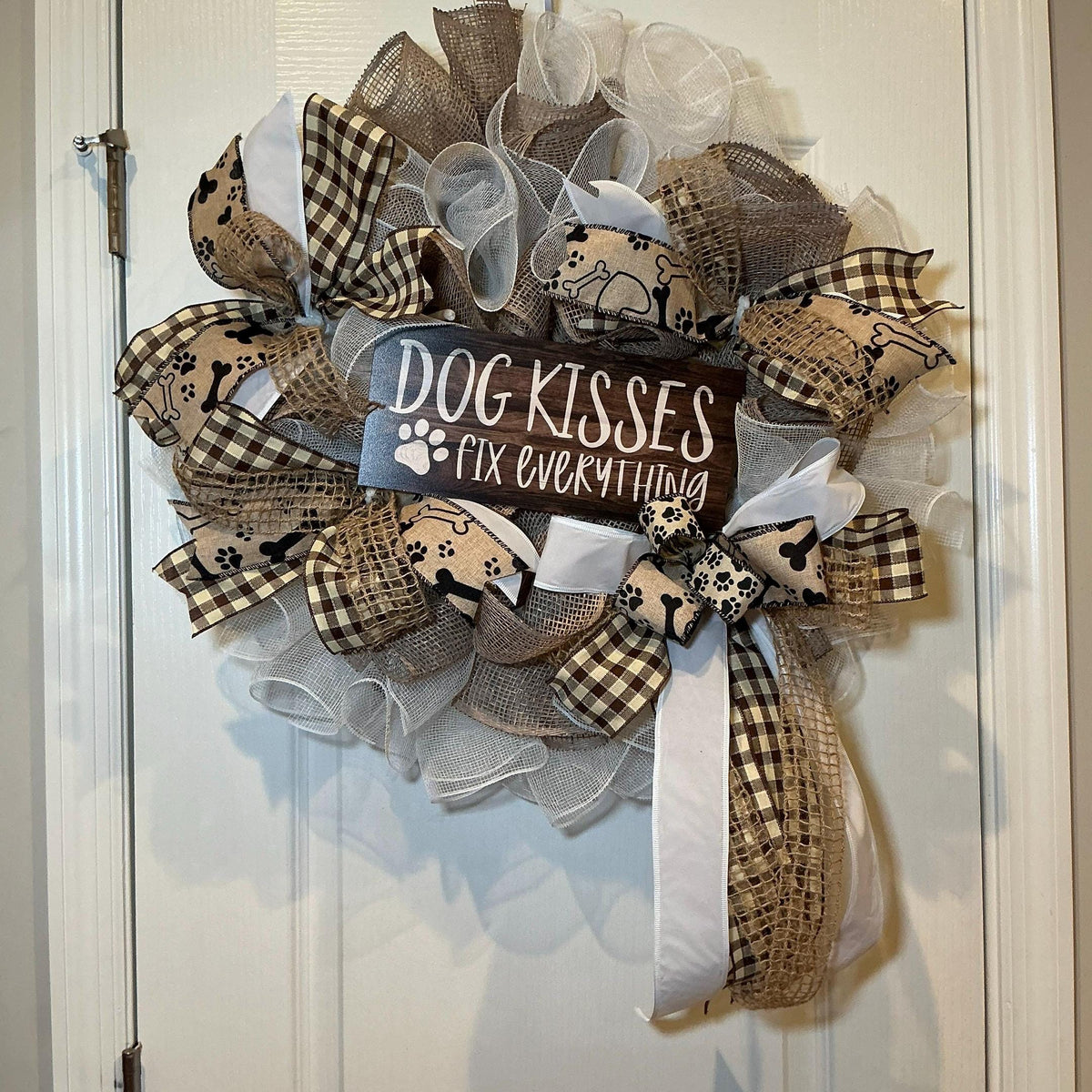 Dog Mom Wreath, Dog Kisses Fix Everything Sign, Paw Print Buffalo Check, Farmhouse Door Decor, Dog Lover Gift, All Seasons — photo 6 