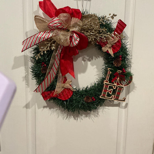 Red Gold Pine Christmas Wreath, Farmhouse Holiday Door Decor — actual product photo
