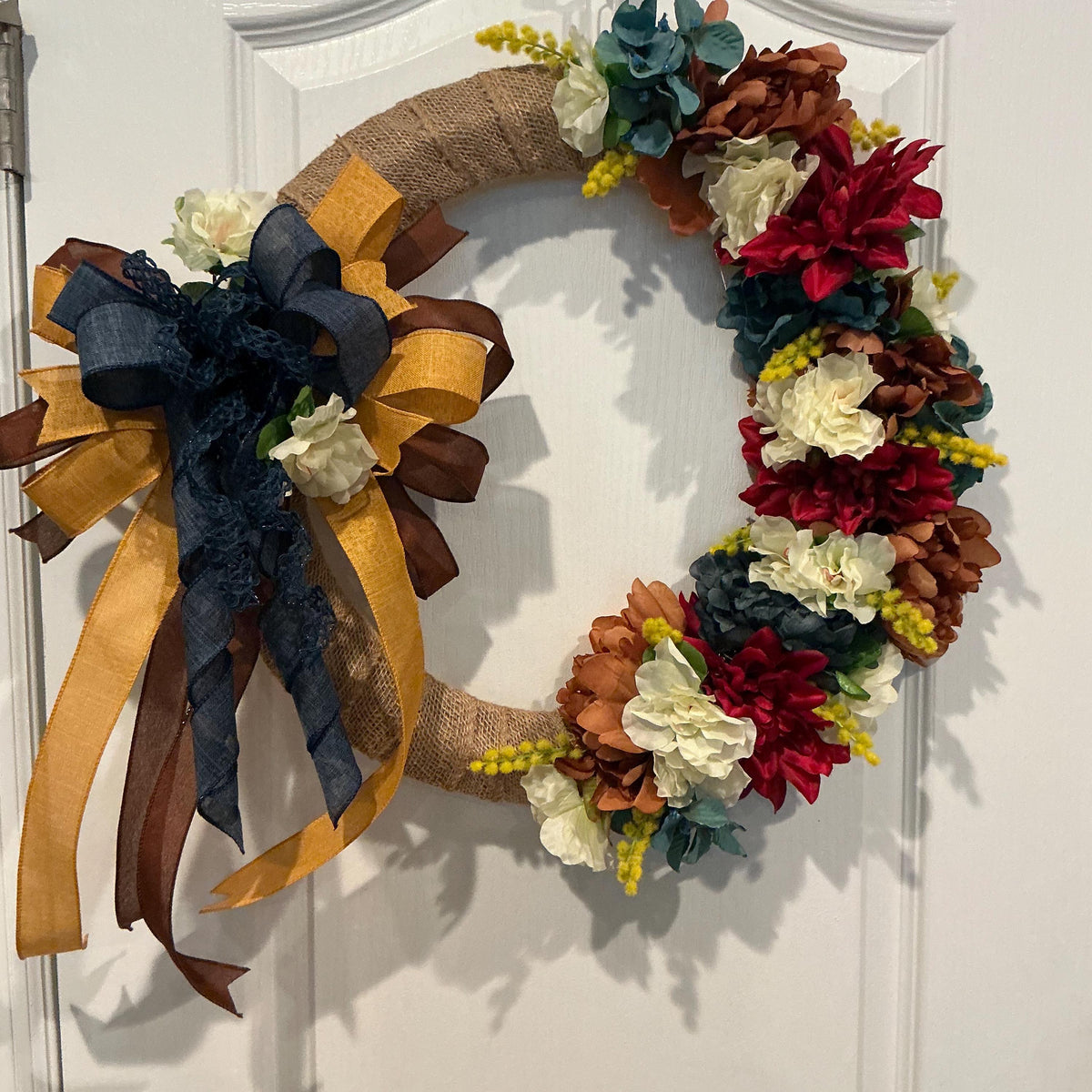 Burlap Fall Floral Wreath, 18 Inch Burgundy Dahlia Navy Bow Farmhouse Decor — actual product photo