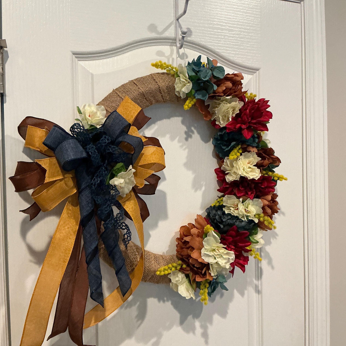 Burlap Fall Floral Wreath, 18 Inch Burgundy Dahlia Navy Bow Farmhouse Decor — photo 2