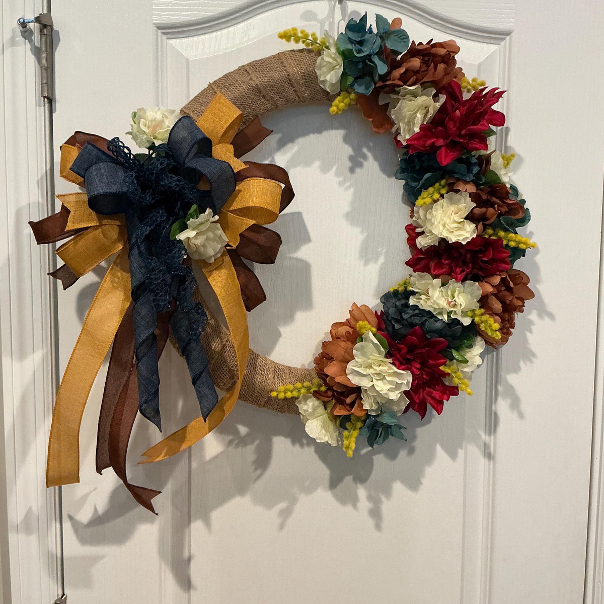 Burlap Fall Floral Wreath, 18 Inch Burgundy Dahlia Navy Bow Farmhouse Decor — photo 3