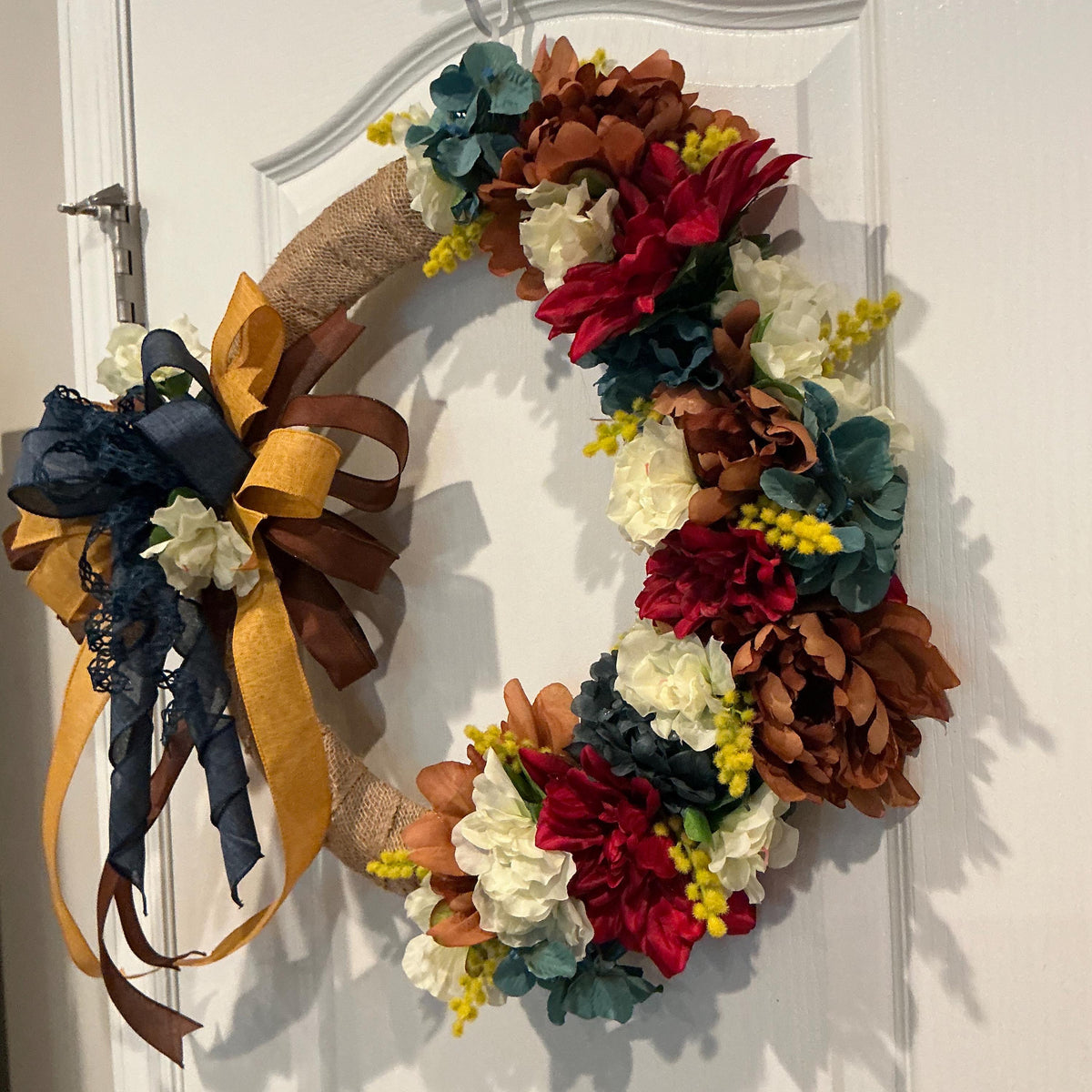 Burlap Fall Floral Wreath, 18 Inch Burgundy Dahlia Navy Bow Farmhouse Decor — photo 4