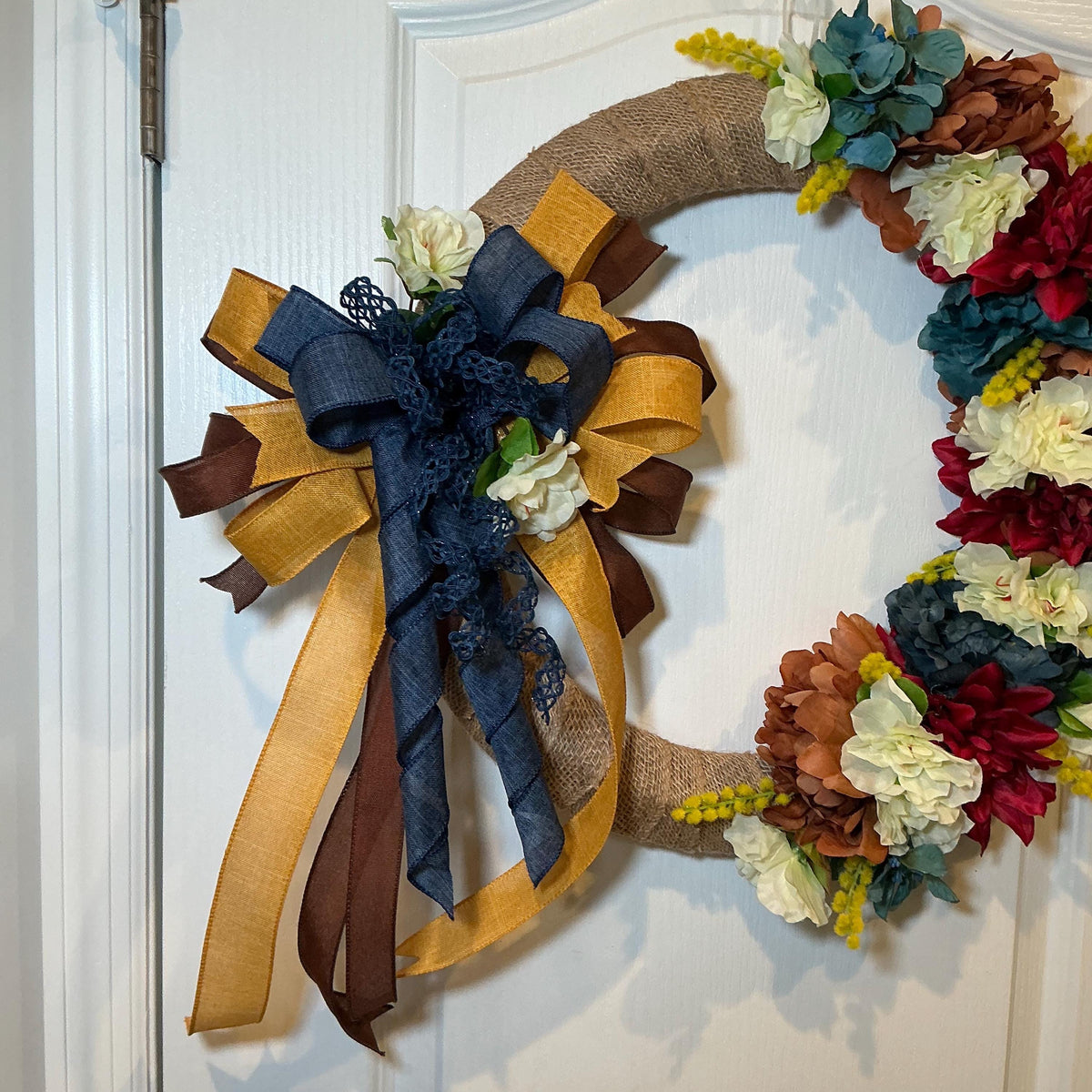 Burlap Fall Floral Wreath, 18 Inch Burgundy Dahlia Navy Bow Farmhouse Decor — photo 5