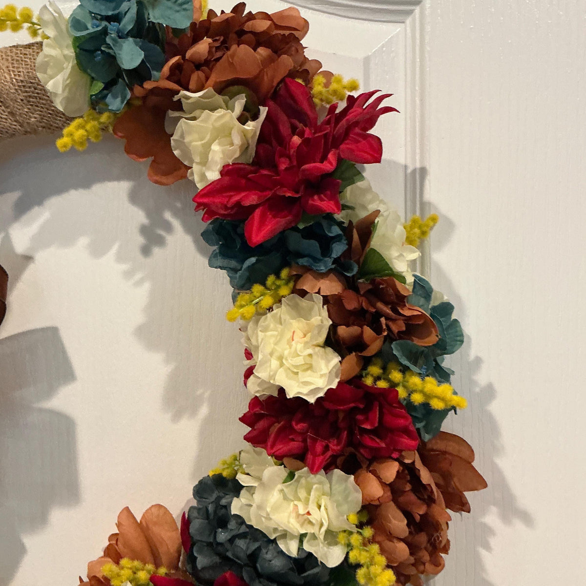 Burlap Fall Floral Wreath, 18 Inch Burgundy Dahlia Navy Bow Farmhouse Decor — photo 6