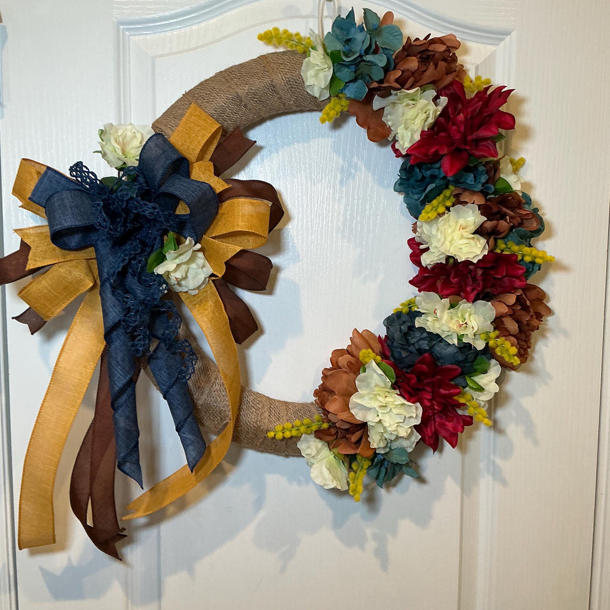Burlap Fall Floral Wreath, 18 Inch Burgundy Dahlia Navy Bow Farmhouse Decor — photo 7