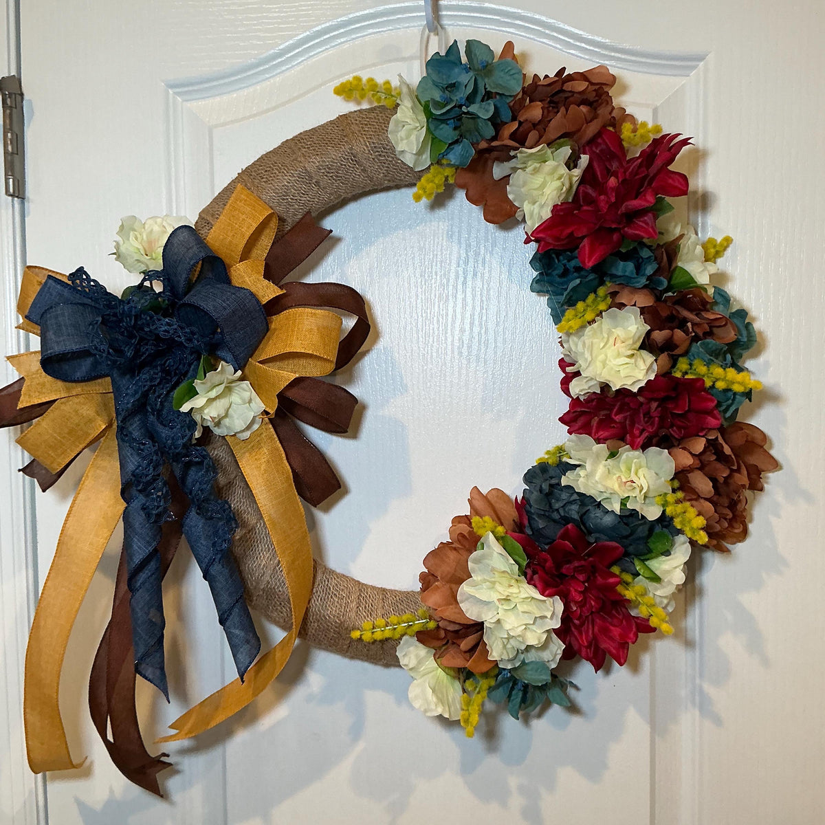 Burlap Fall Floral Wreath, 18 Inch Burgundy Dahlia Navy Bow Farmhouse Decor — photo 8