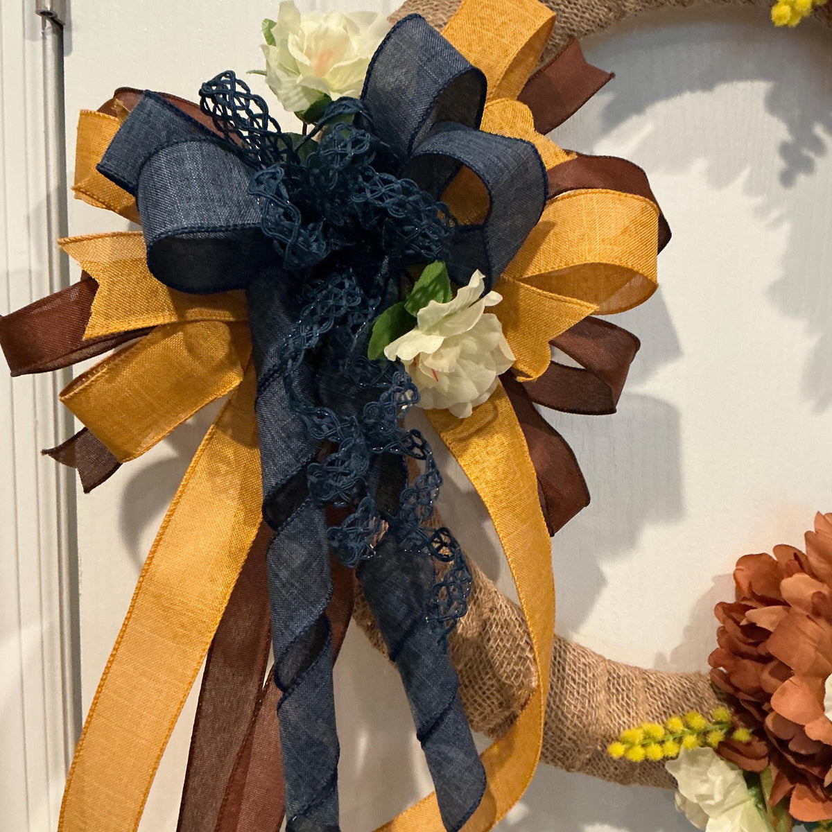 Burlap Fall Floral Wreath, 18 Inch Burgundy Dahlia Navy Bow Farmhouse Decor — photo 9