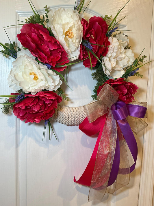 Shabby Glam Farmhouse Peony Wreath – Raspberry, White, Lavender Accents (14 Inch) — actual product photo 