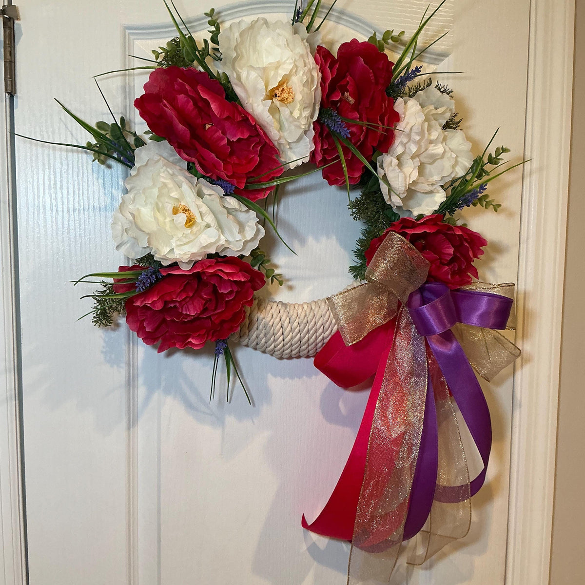 Shabby Glam Farmhouse Peony Wreath – Raspberry, White, Lavender Accents (14 Inch) — photo 2 
