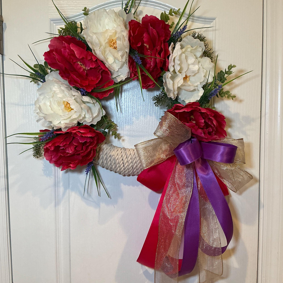 Shabby Glam Farmhouse Peony Wreath – Raspberry, White, Lavender Accents (14 Inch) — photo 3 