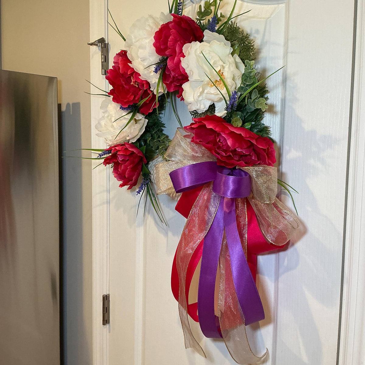 Shabby Glam Farmhouse Peony Wreath – Raspberry, White, Lavender Accents (14 Inch) — photo 4 