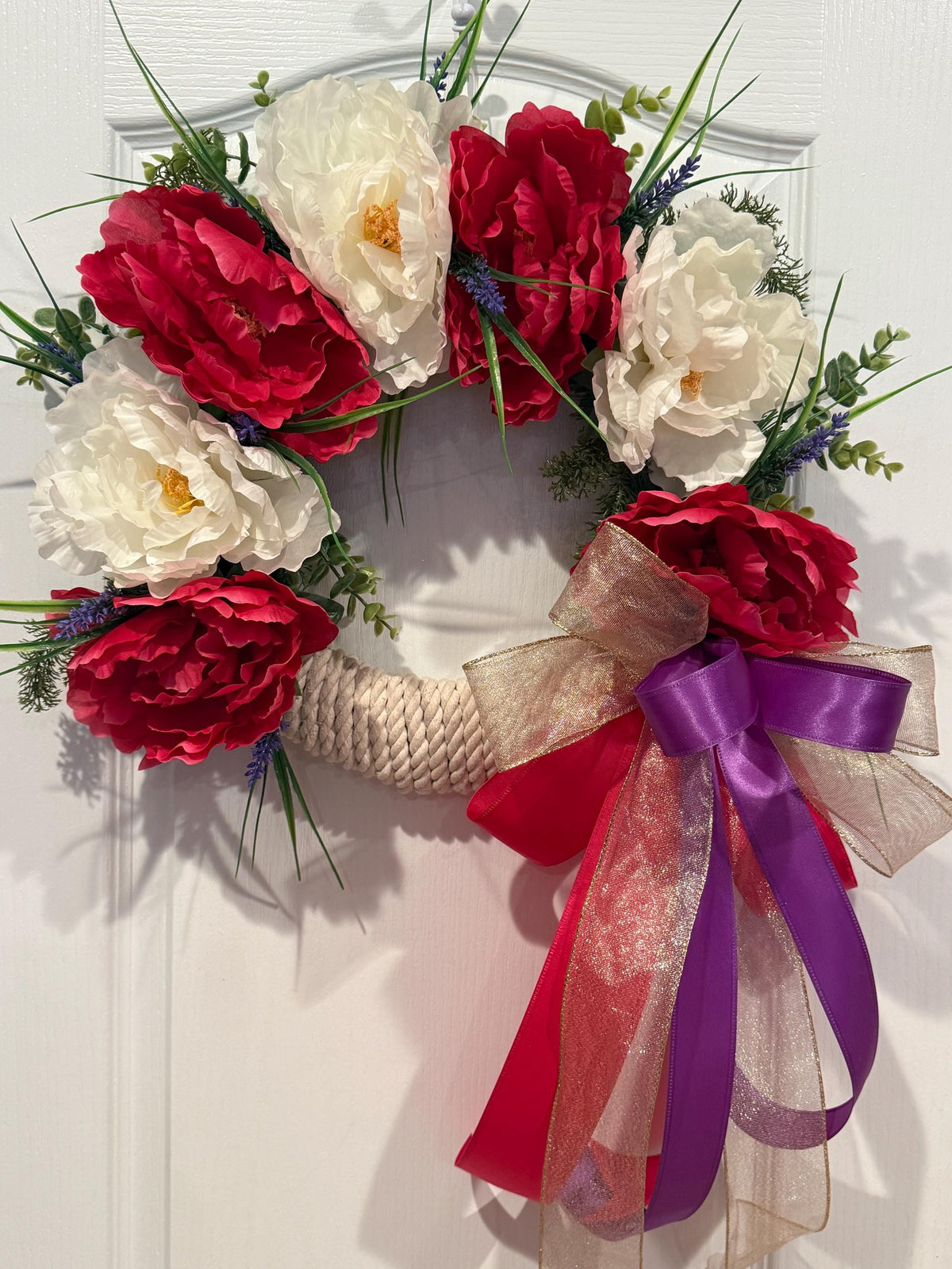 Shabby Glam Farmhouse Peony Wreath – Raspberry, White, Lavender Accents (14 Inch) — photo 5 