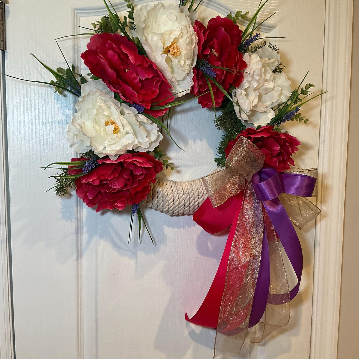 Shabby Glam Farmhouse Peony Wreath – Raspberry, White, Lavender Accents (14 Inch) — photo 6 