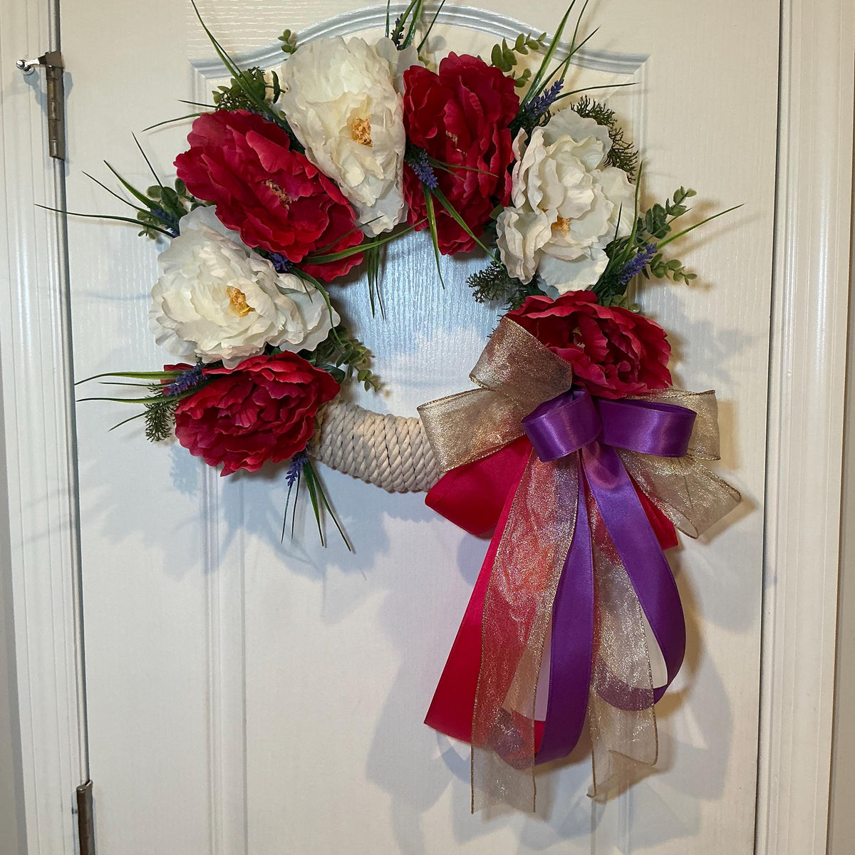 Shabby Glam Farmhouse Peony Wreath – Raspberry, White, Lavender Accents (14 Inch) — photo 7 
