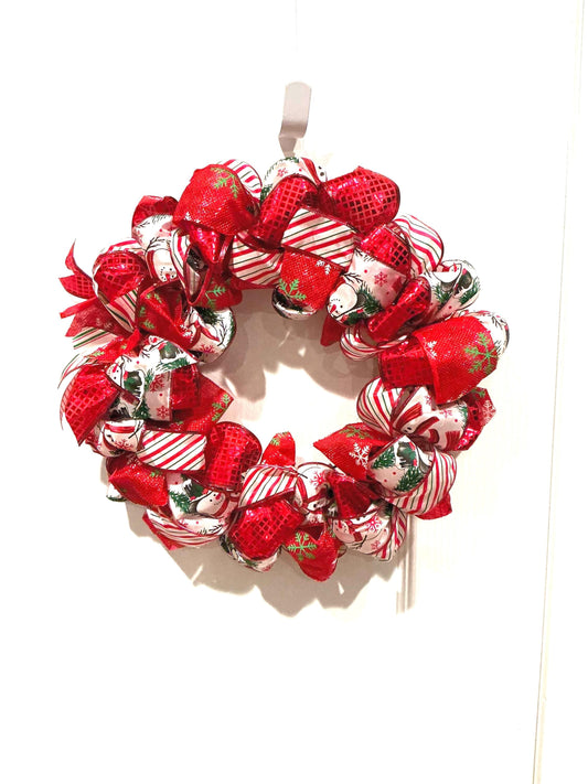 12 Inch Snowman Christmas Wreath: Red White Candy Cane Ribbon Door Decor — actual product photo