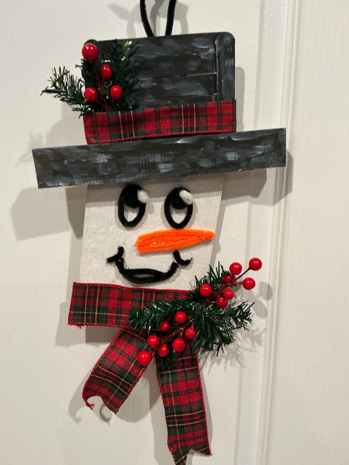 Wood Snowman Door Hanger, Farmhouse Christmas Decor, Plaid Scarf Accent — photo 2