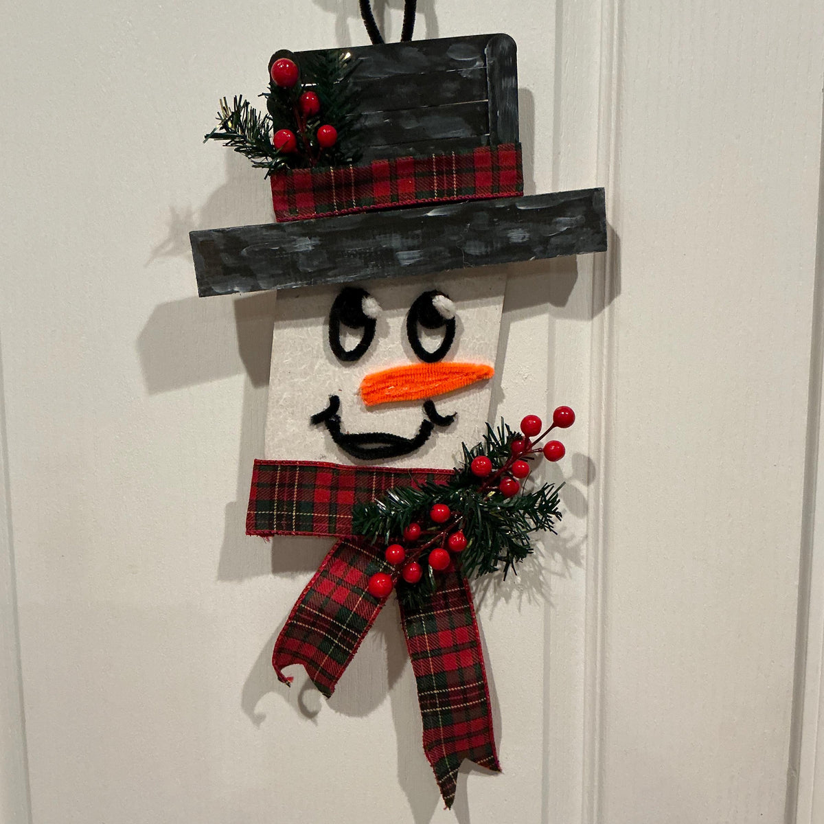 Wood Snowman Door Hanger, Farmhouse Christmas Decor, Plaid Scarf Accent — photo 3