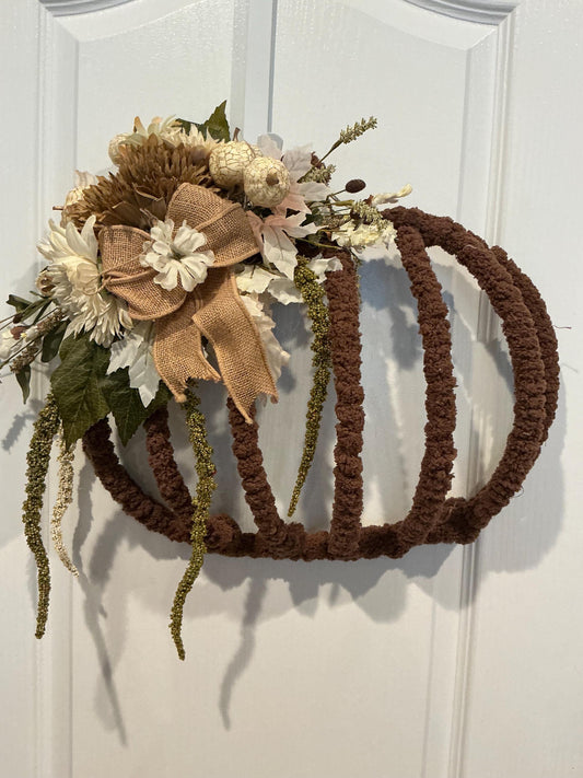 Neutral Pumpkin Fall Wreath, 17 Inch Yarn Wrapped Frame with Cream Florals — actual product photo