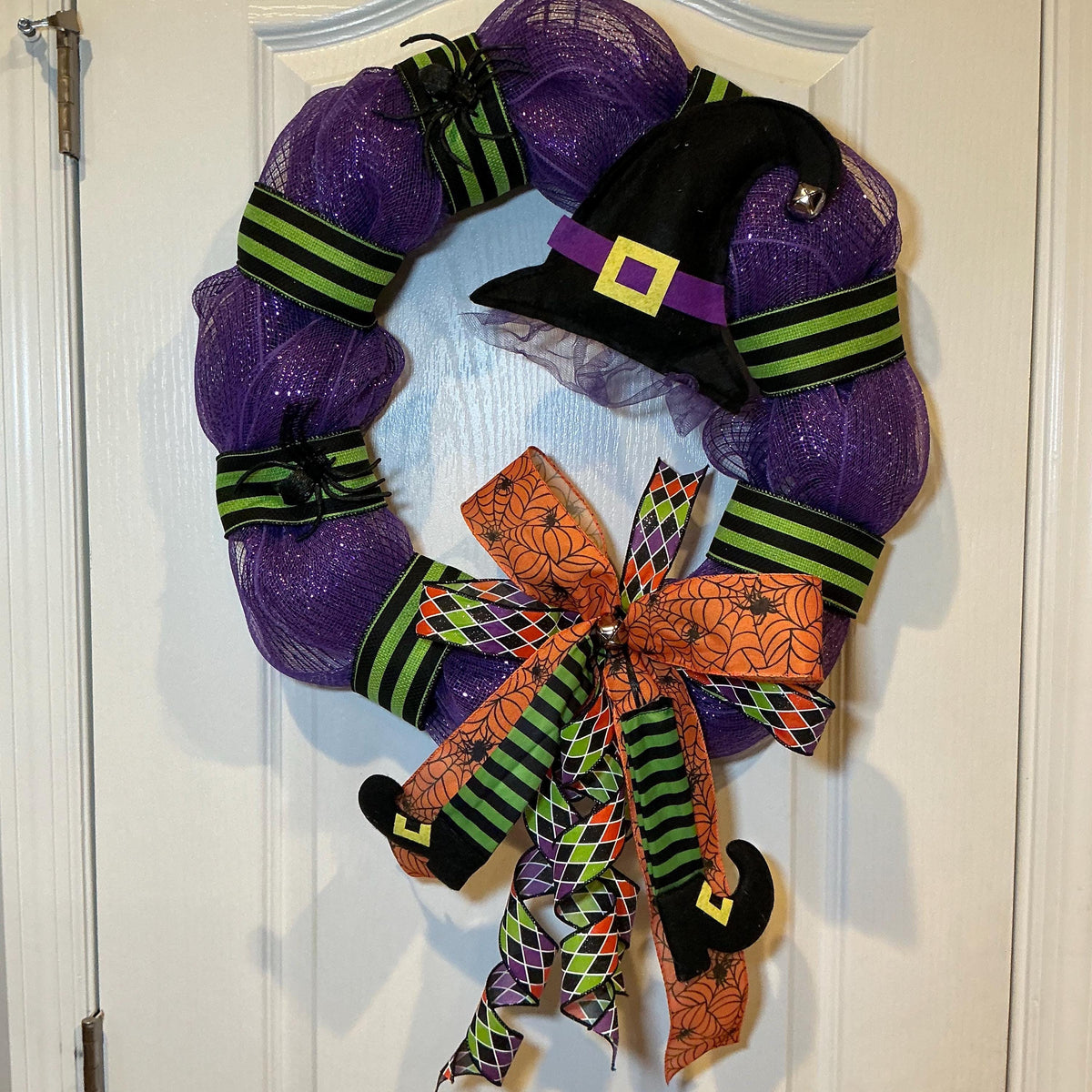 Witch Hat and Boots Halloween Wreath, 18 Inch Purple Glitter Mesh with Spiderweb Bow — photo 2