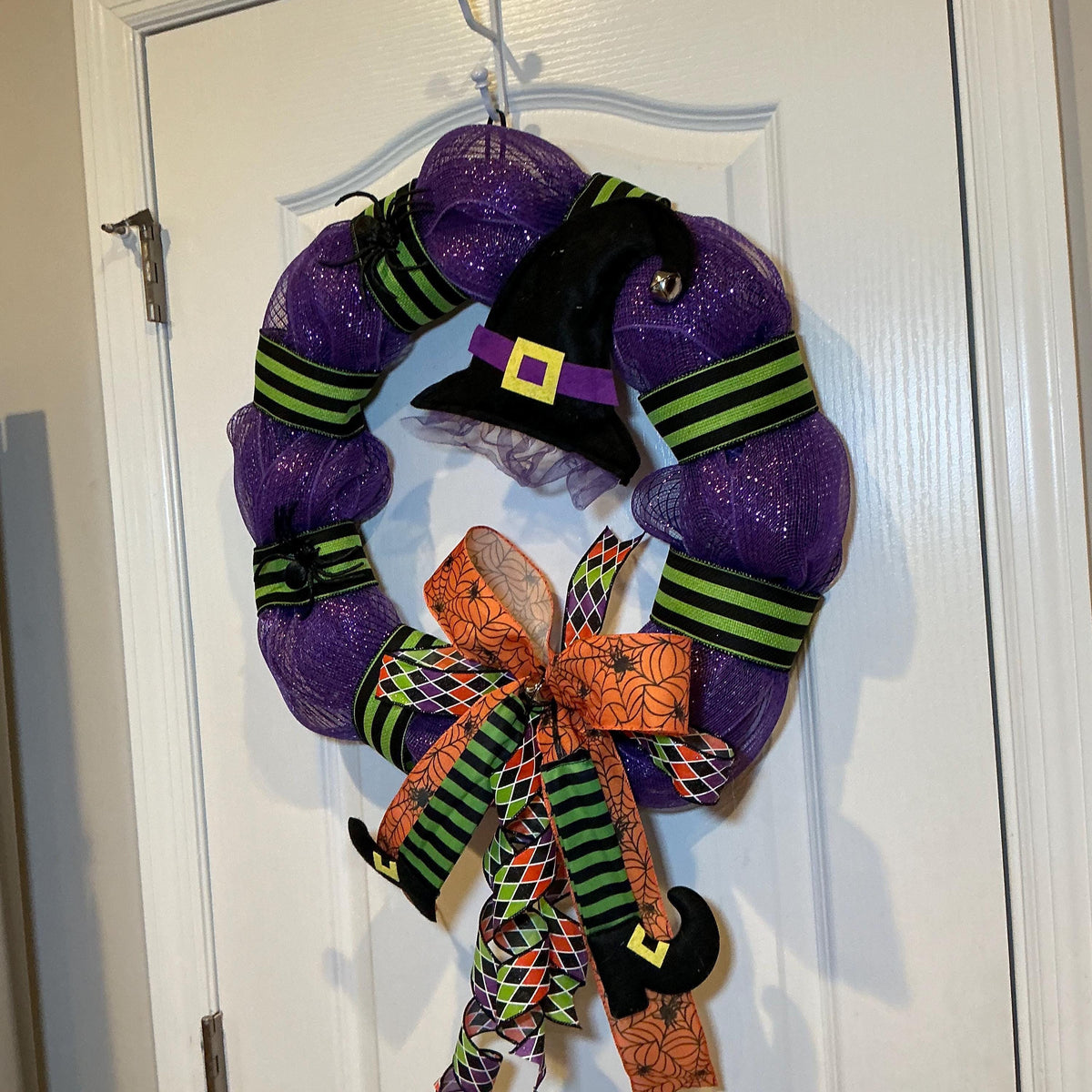 Witch Hat and Boots Halloween Wreath, 18 Inch Purple Glitter Mesh with Spiderweb Bow — photo 3