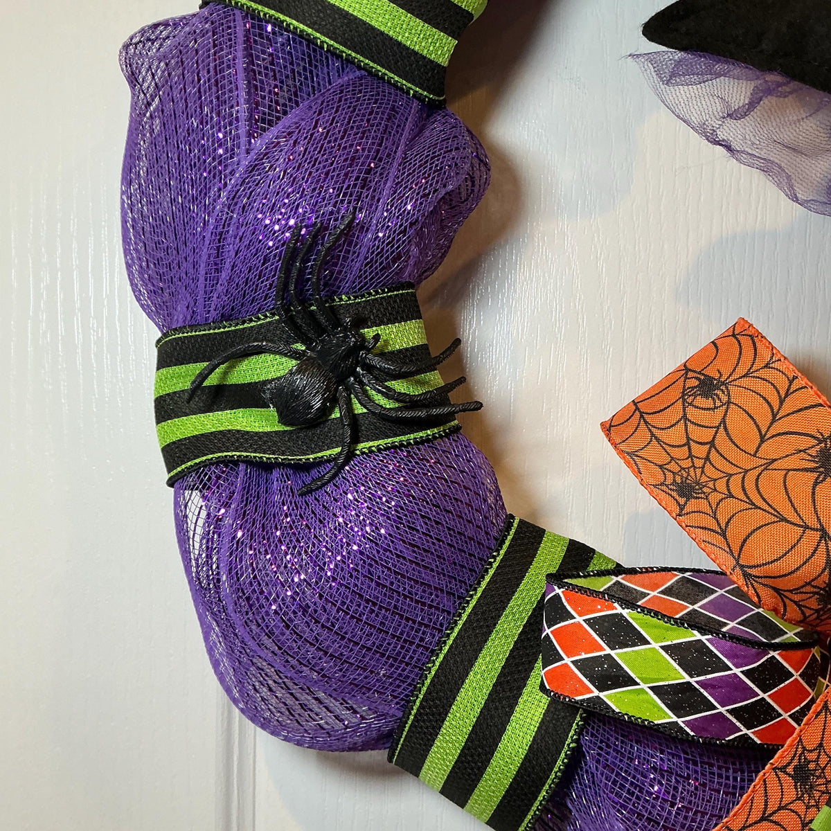Witch Hat and Boots Halloween Wreath, 18 Inch Purple Glitter Mesh with Spiderweb Bow — photo 5