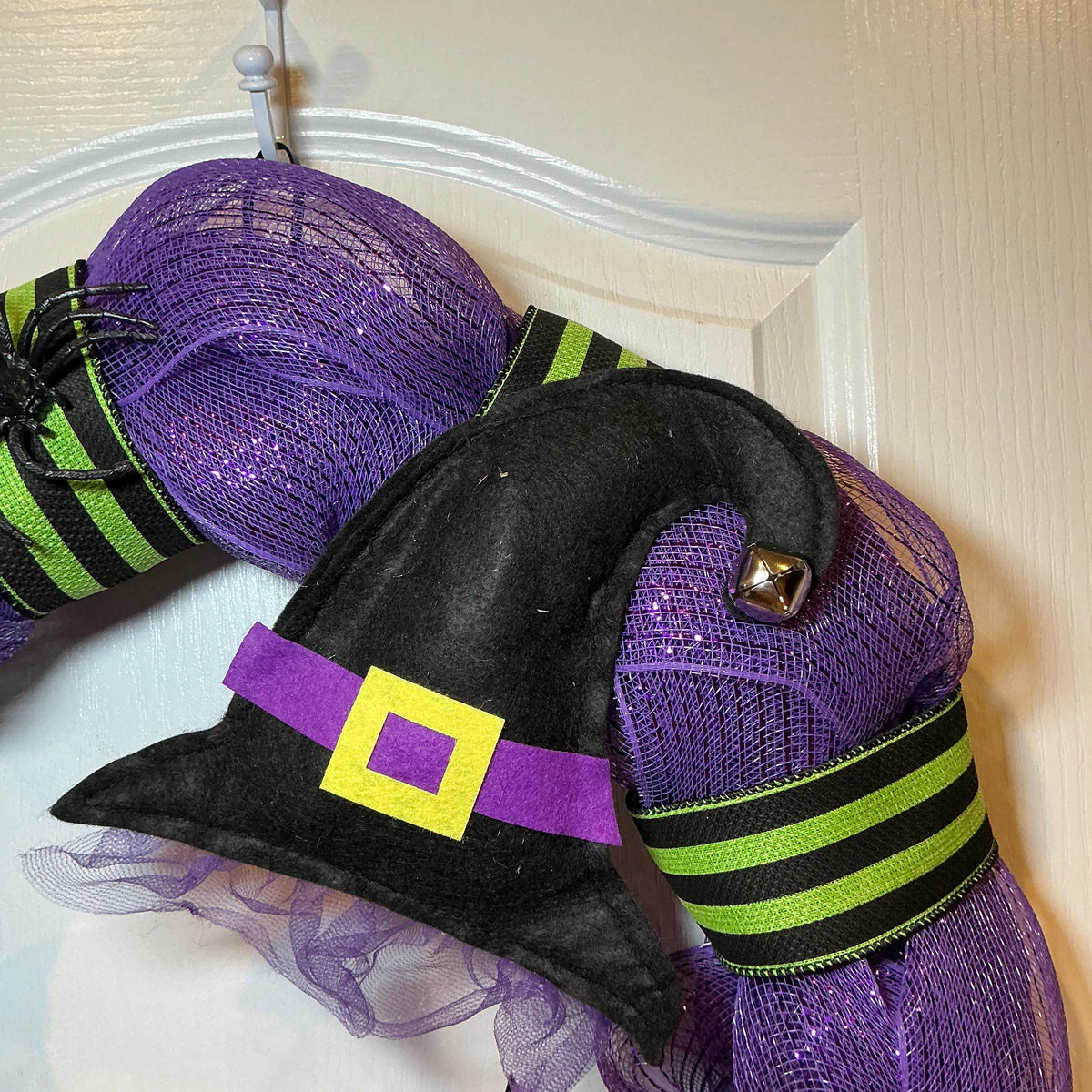 Witch Hat and Boots Halloween Wreath, 18 Inch Purple Glitter Mesh with Spiderweb Bow — photo 8