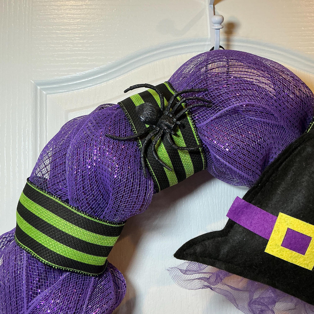 Witch Hat and Boots Halloween Wreath, 18 Inch Purple Glitter Mesh with Spiderweb Bow — photo 9