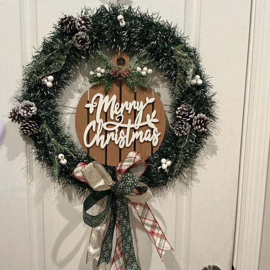 Farmhouse Merry Christmas Wreath, Frosted Pine, Pinecones, Plaid Ribbon Front Door Decor — actual product photo