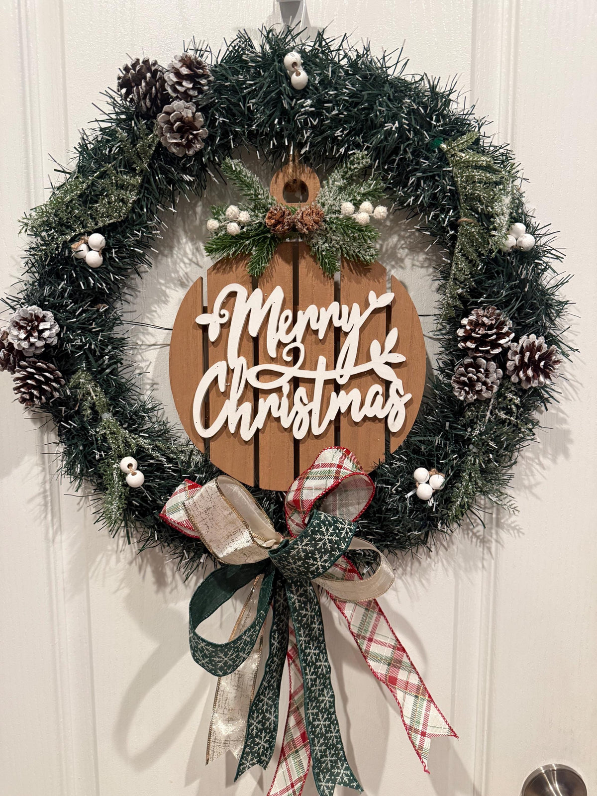 Farmhouse Merry Christmas Wreath, Frosted Pine, Pinecones, Plaid Ribbon Front Door Decor — photo 2