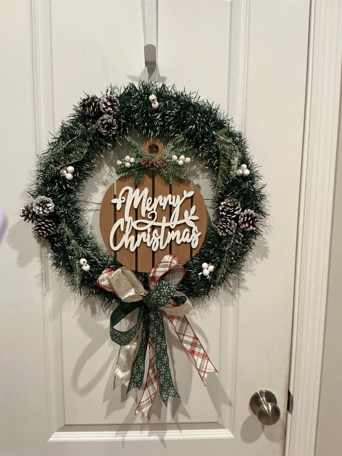 Farmhouse Merry Christmas Wreath, Frosted Pine, Pinecones, Plaid Ribbon Front Door Decor — photo 3