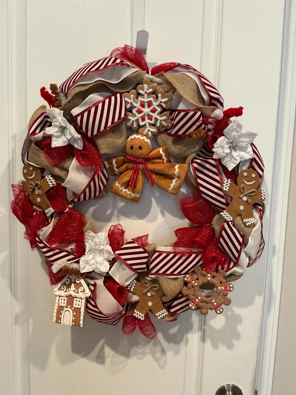 Gingerbread Christmas Wreath, Holiday Door Decor, Farmhouse Style, Red Burlap Ribbon — actual product photo
