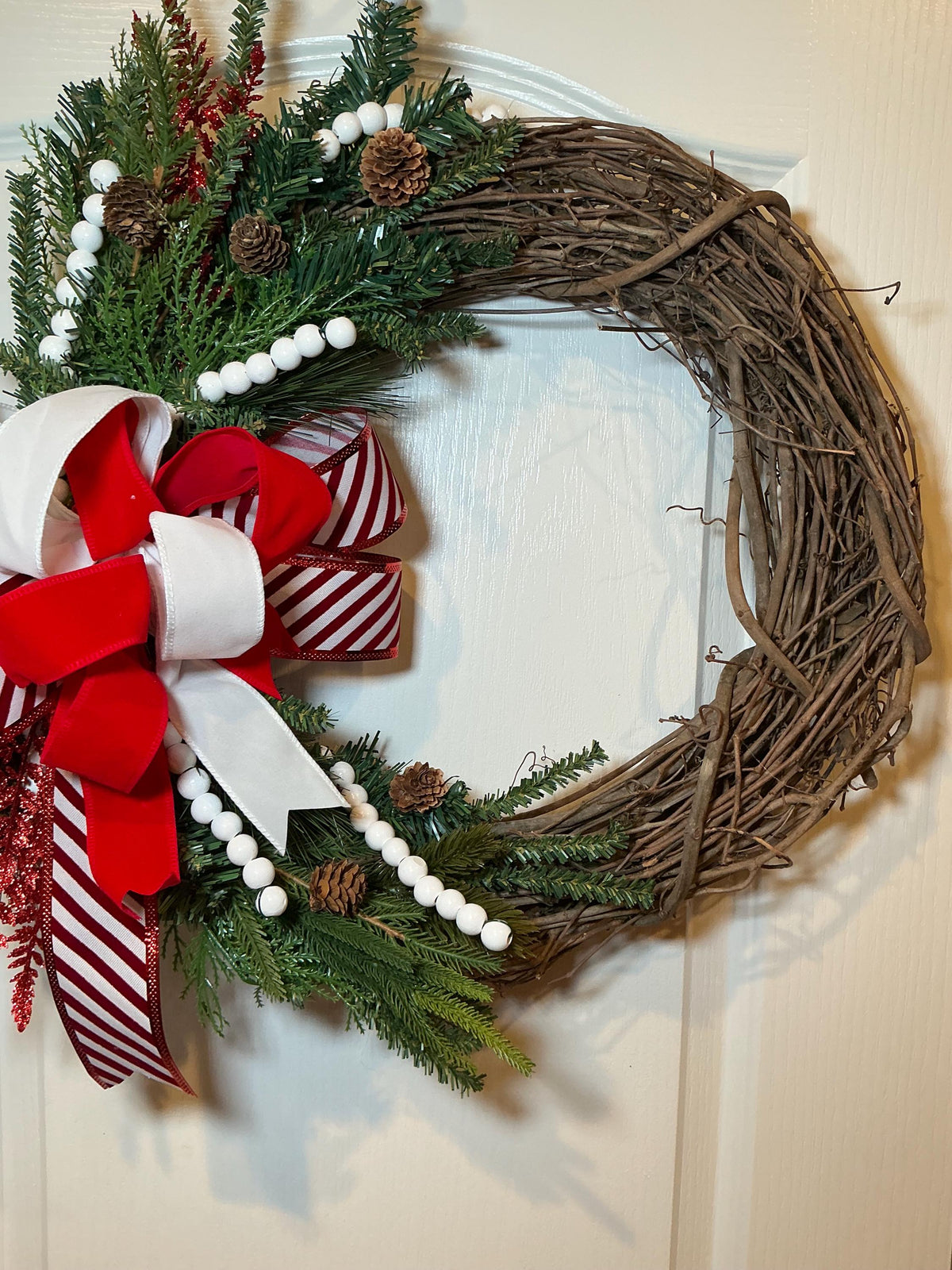 Grapevine Christmas Wreath, Candy Cane Bow, Pinecones, White Beads, Farmhouse Holiday Door Decoration. — photo 2