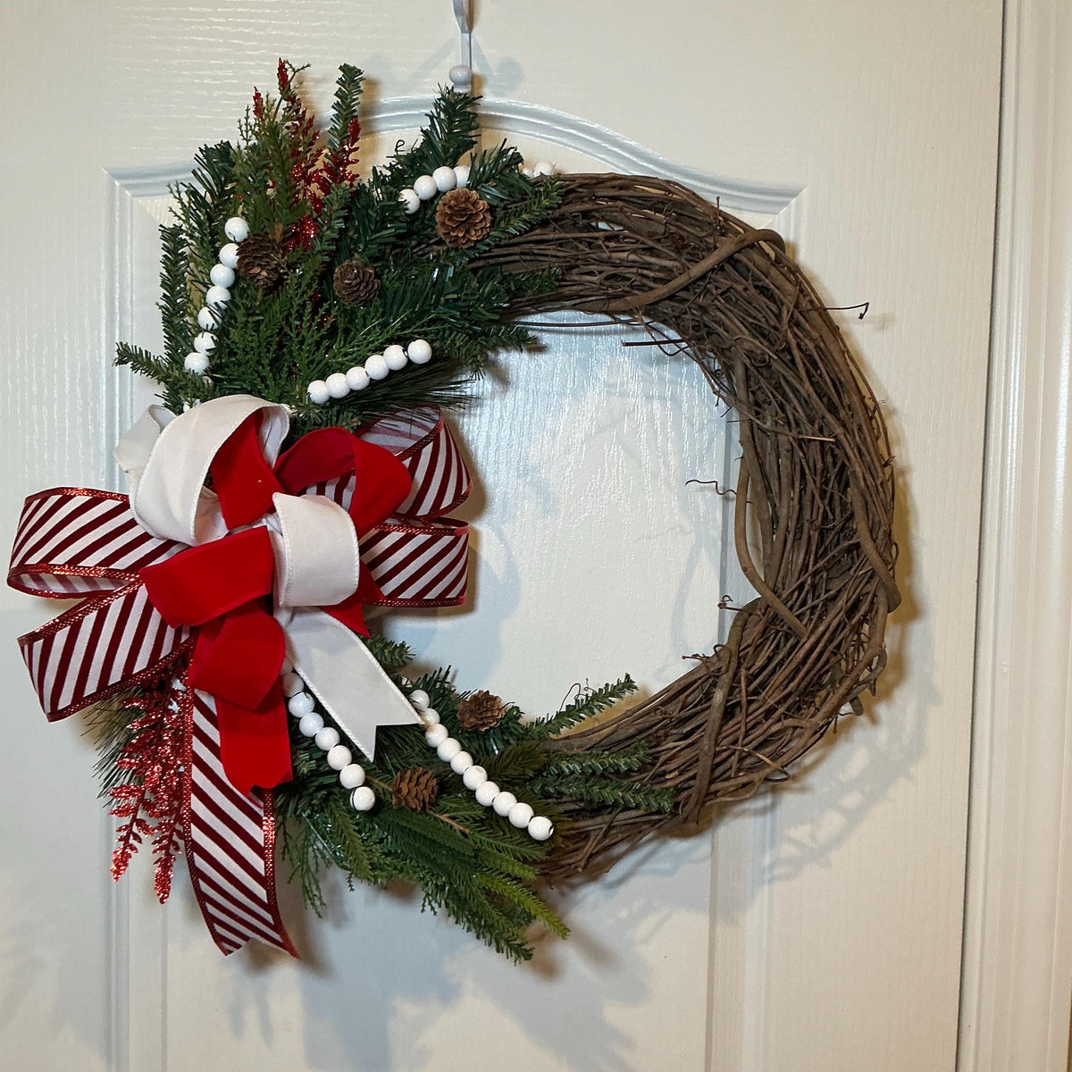 Grapevine Christmas Wreath, Candy Cane Bow, Pinecones, White Beads, Farmhouse Holiday Door Decoration. — photo 3