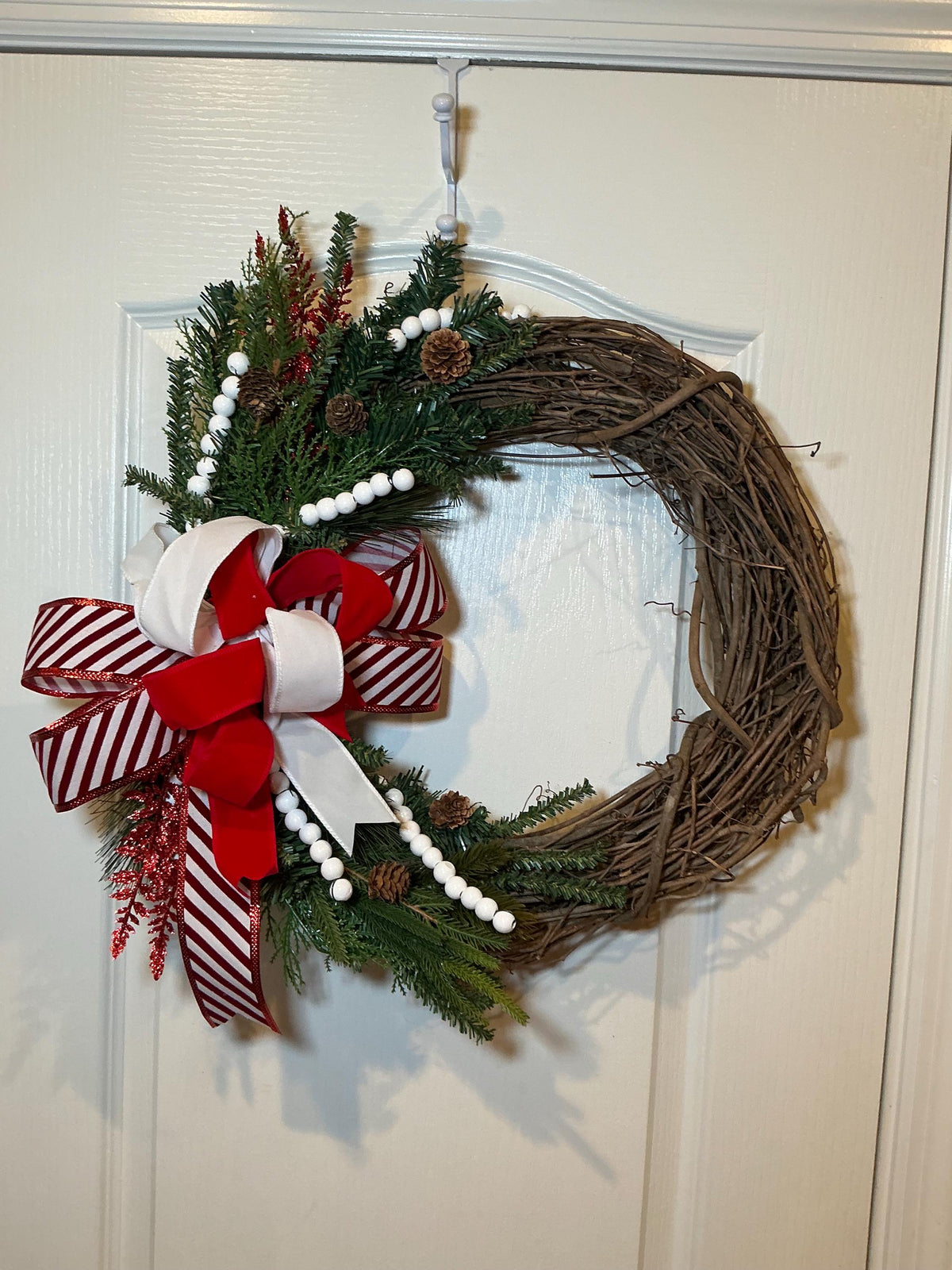 Grapevine Christmas Wreath, Candy Cane Bow, Pinecones, White Beads, Farmhouse Holiday Door Decoration. — photo 4
