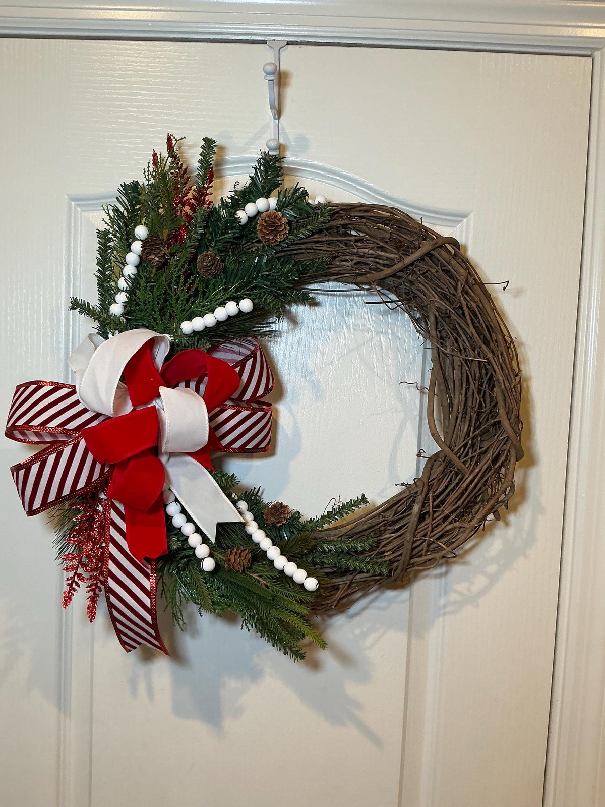 Grapevine Christmas Wreath, Candy Cane Bow, Pinecones, White Beads, Farmhouse Holiday Door Decoration. — photo 5