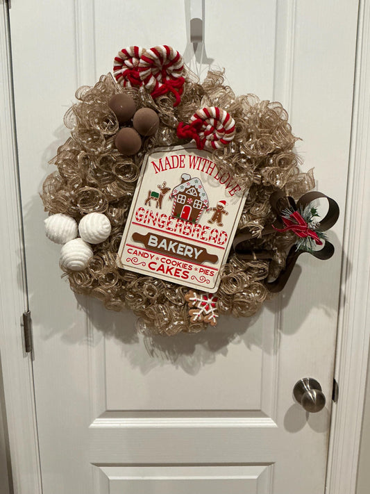 Handmade Gingerbread Bakery Christmas Wreath, Whimsical Holiday Door Decor (18 inch) — actual product photo