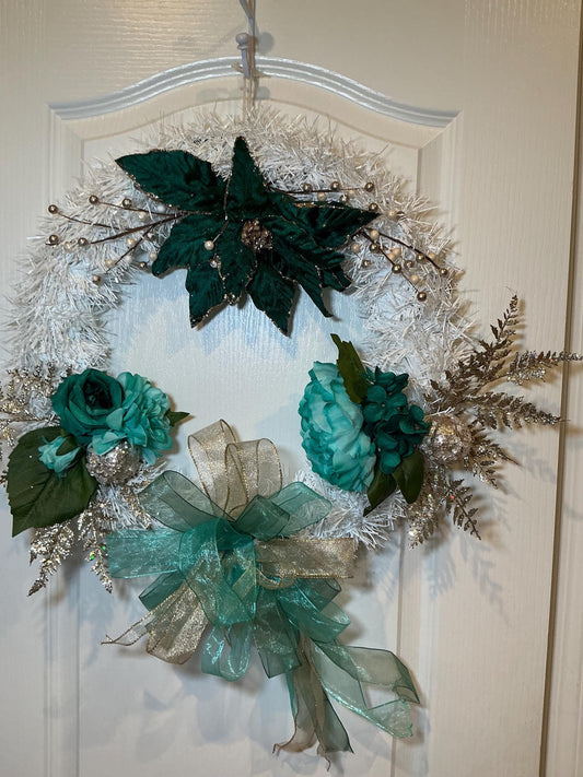 18 Inch White Evergreen Christmas Wreath, Emerald Poinsettia, Teal Roses, Gold Bow — actual product photo