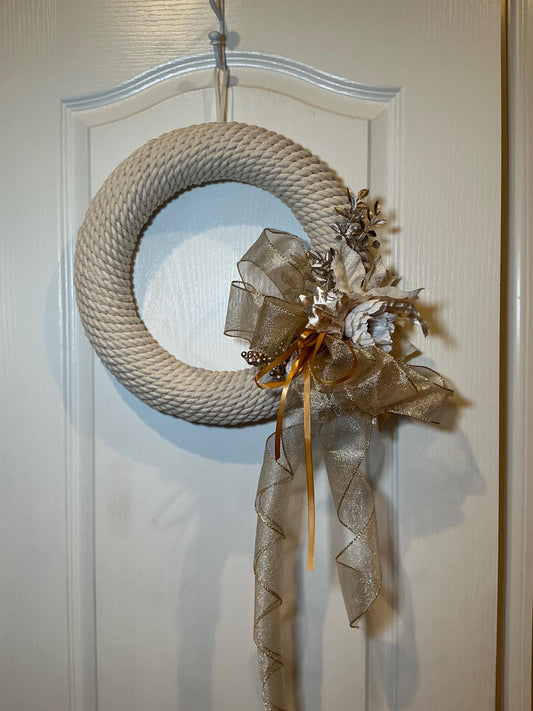 Champagne Gold Rope Christmas Wreath with Gold Bow and Silver Leaf, Front Door Decor — actual product photo