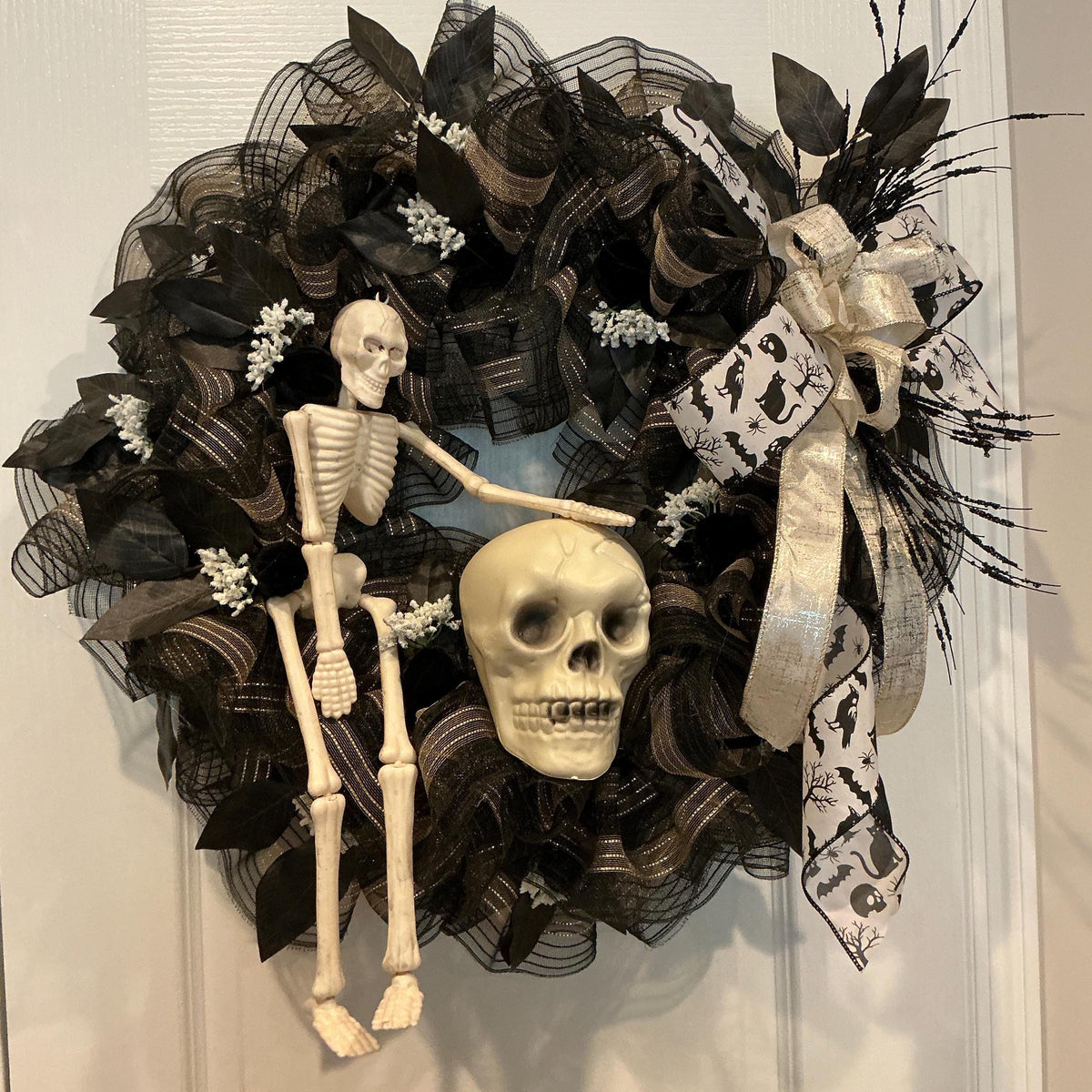 Black and Gold Skeleton Halloween Wreath, Gothic Mesh Front Door Decor, 16 Inch — actual product photo