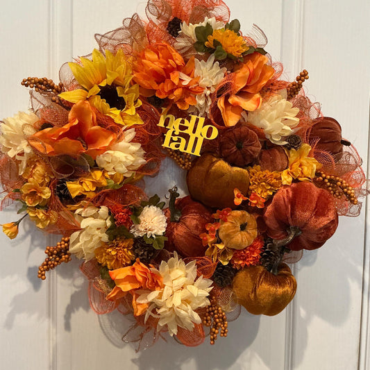 Hello Fall Square Wreath, 14 Inch Rust Mesh with Sunflowers and Velvet Pumpkins — actual product photo