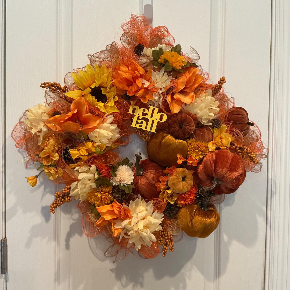 Hello Fall Square Wreath, 14 Inch Rust Mesh with Sunflowers and Velvet Pumpkins — photo 2