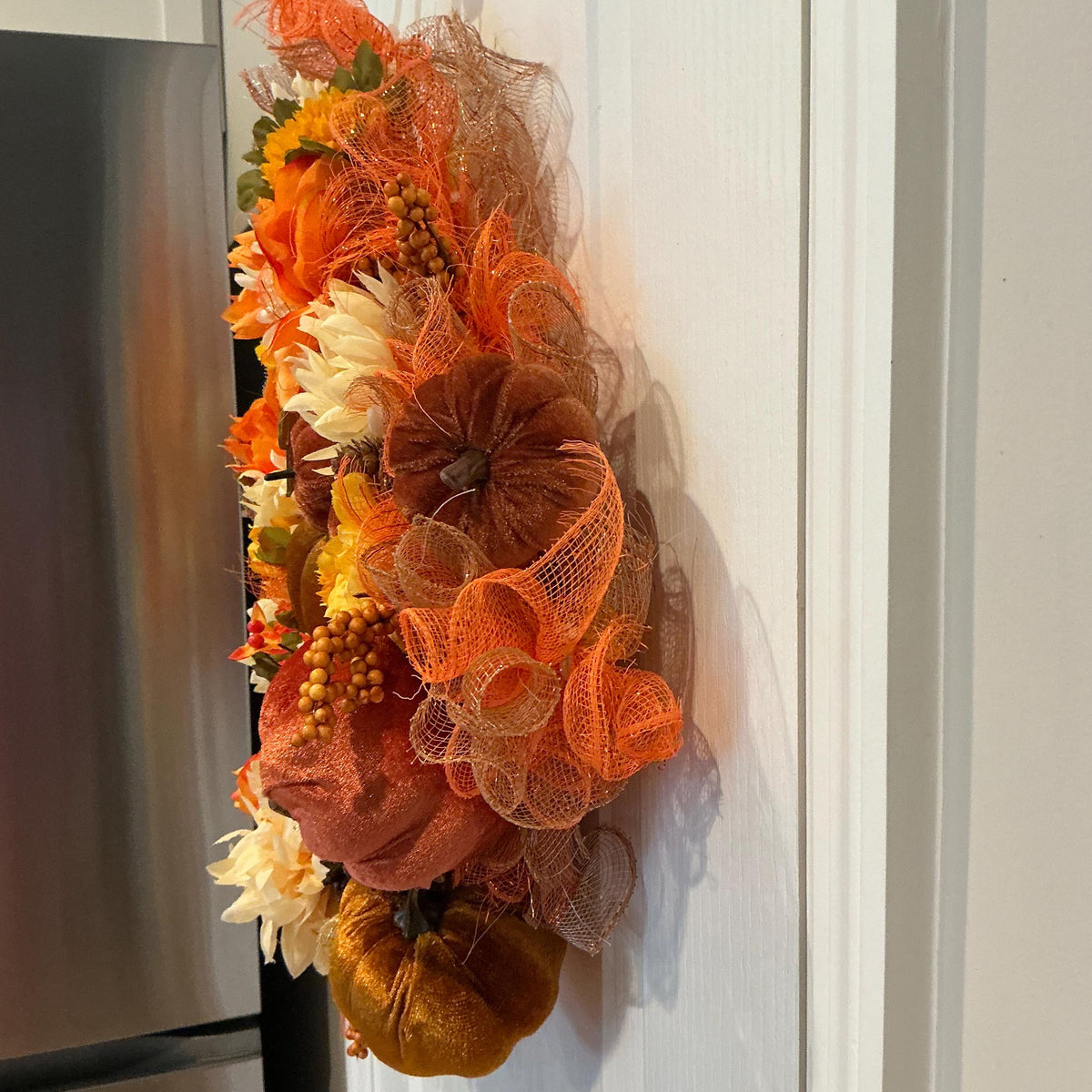 Hello Fall Square Wreath, 14 Inch Rust Mesh with Sunflowers and Velvet Pumpkins — photo 4