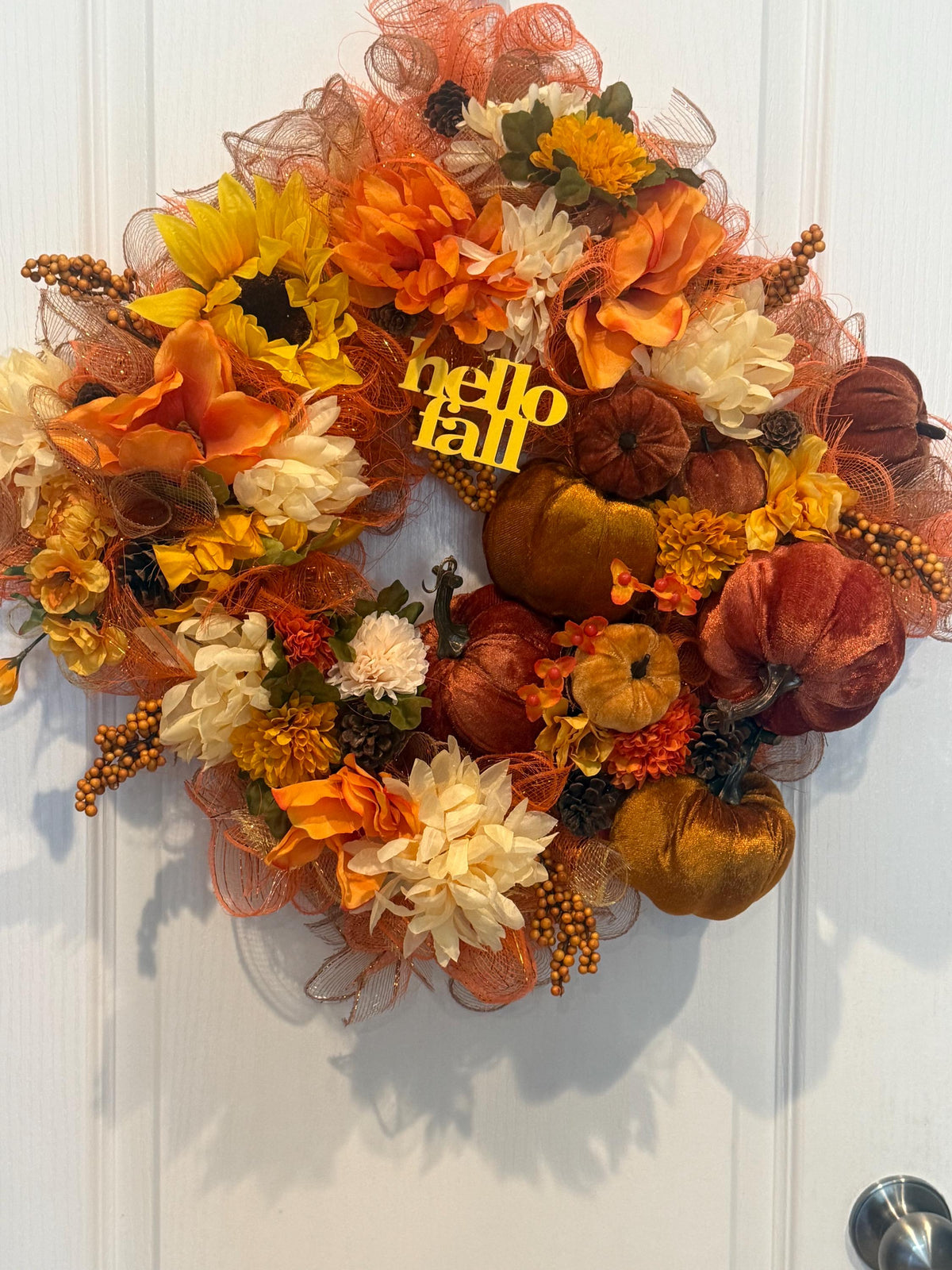Hello Fall Square Wreath, 14 Inch Rust Mesh with Sunflowers and Velvet Pumpkins — photo 5