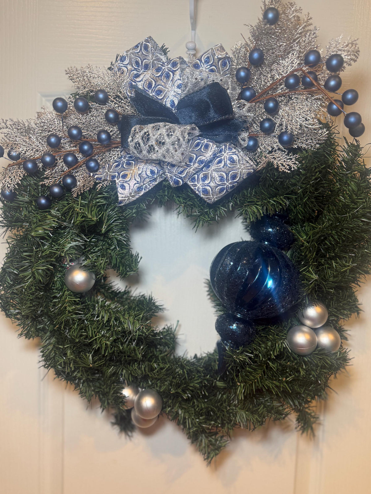 16 Inch Navy Blue Silver Christmas Wreath, Handmade Evergreen Holiday Door Decor — actual product photo