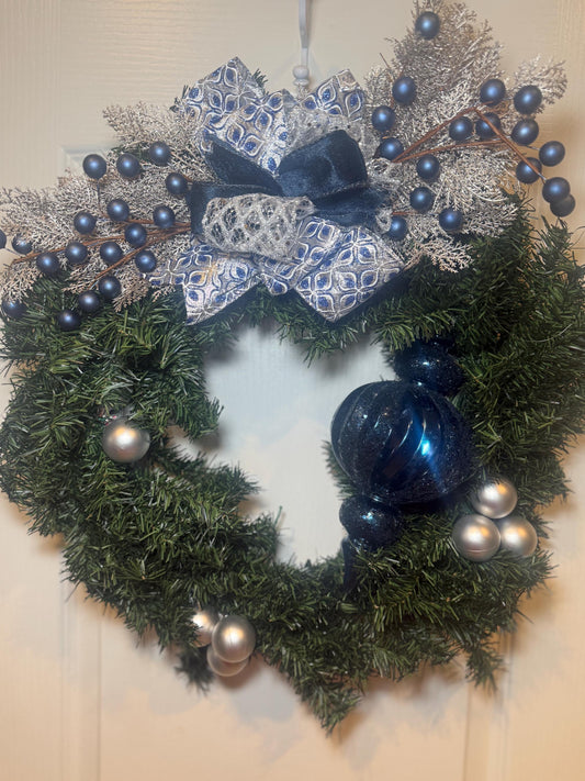 16 Inch Navy Blue Silver Christmas Wreath, Handmade Evergreen Holiday Door Decor — actual product photo