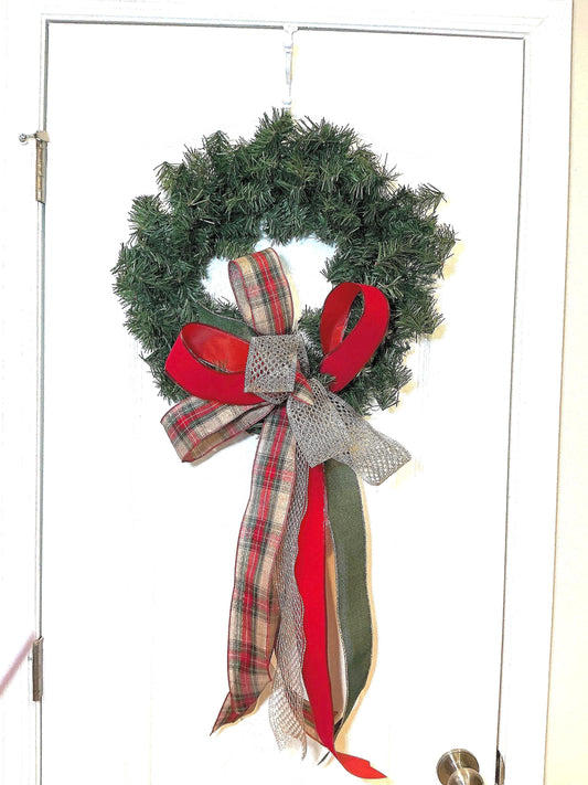 Christmas Wreath with Red Plaid Tartan Bow and Gold Accents, Classic Door Decor — actual product photo