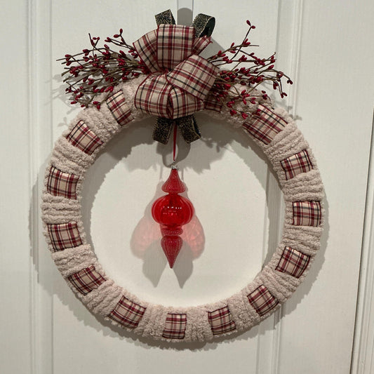 Farmhouse Christmas Wreath, Cream Chenille Plaid, 18 Inch Winter Door Decor — actual product photo