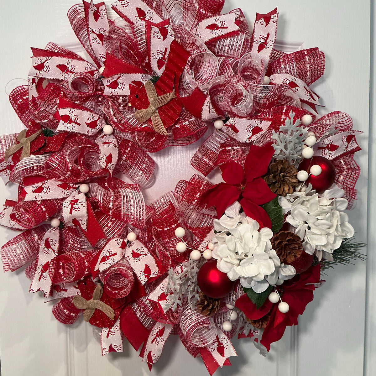 Cardinal Christmas Wreath, 18 Inch, Red White Winter Door Decor, Poinsettia Hydrangea Pinecone — actual product photo