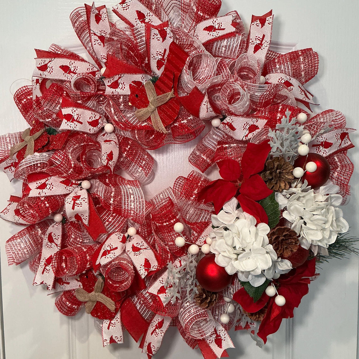 Cardinal Christmas Wreath, 18 Inch, Red White Winter Door Decor, Poinsettia Hydrangea Pinecone — photo 2